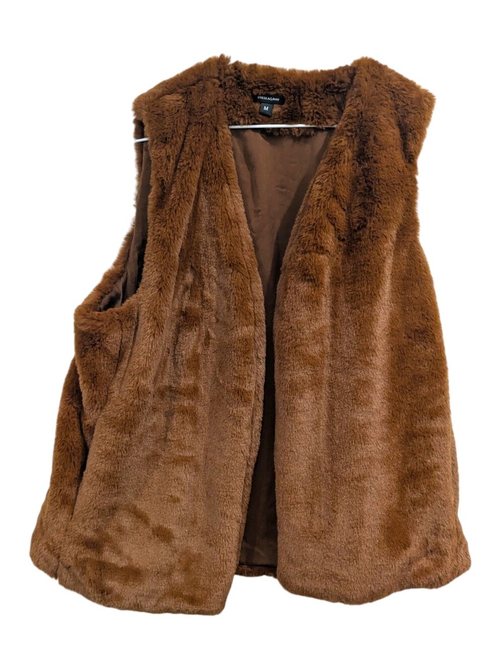 Stella & Dot Faux Fur Vest M Women's Large Brown Fuzzy Soft Open Front Shearling